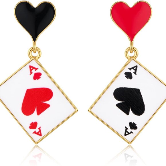 Gold Plated Poker Card Earrings for Women, Fun Playing Card Jewelry Gift - Picture 1 of 7
